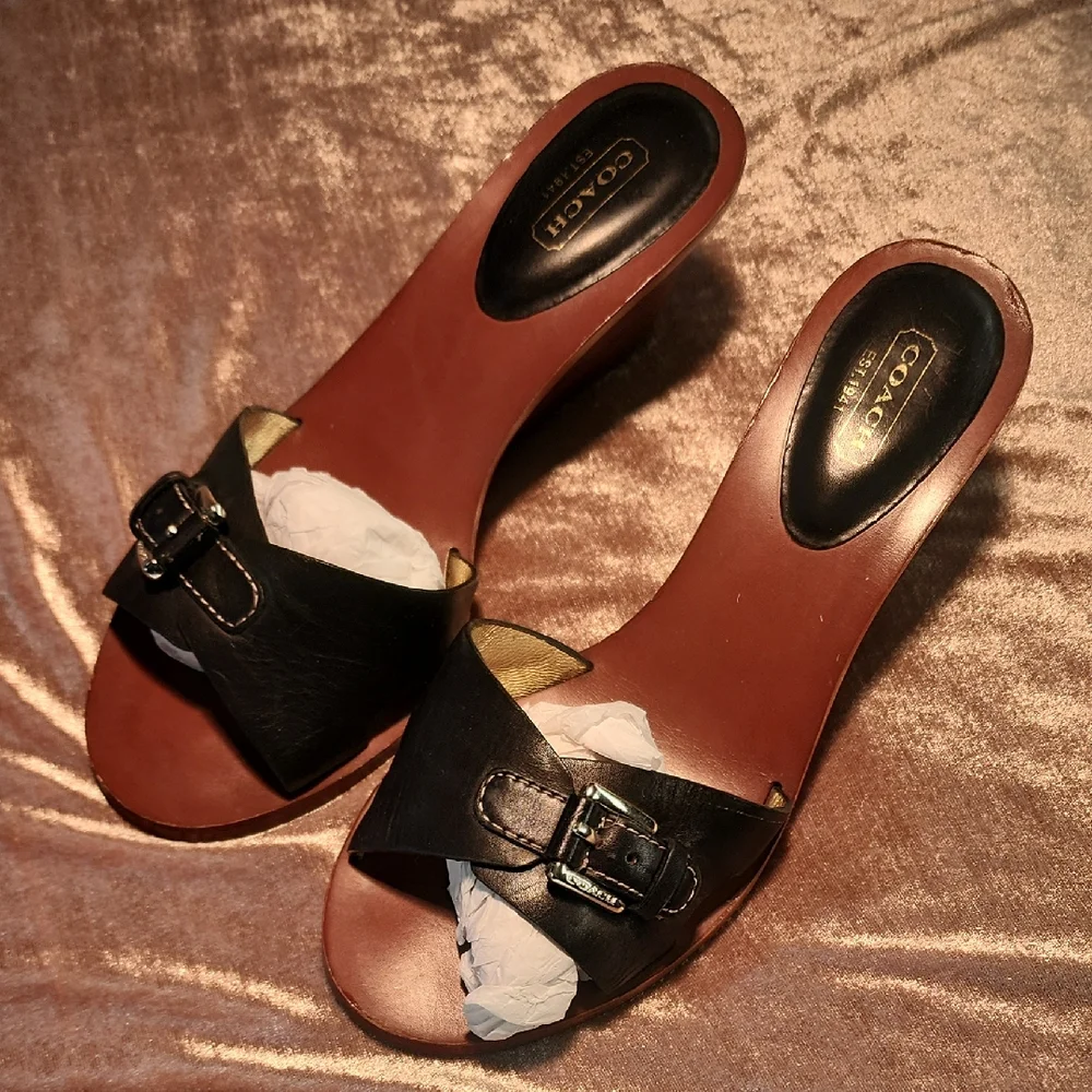 Coach Black Leather Paulena Wedges Mules with Buckle - Picture 1 of 4